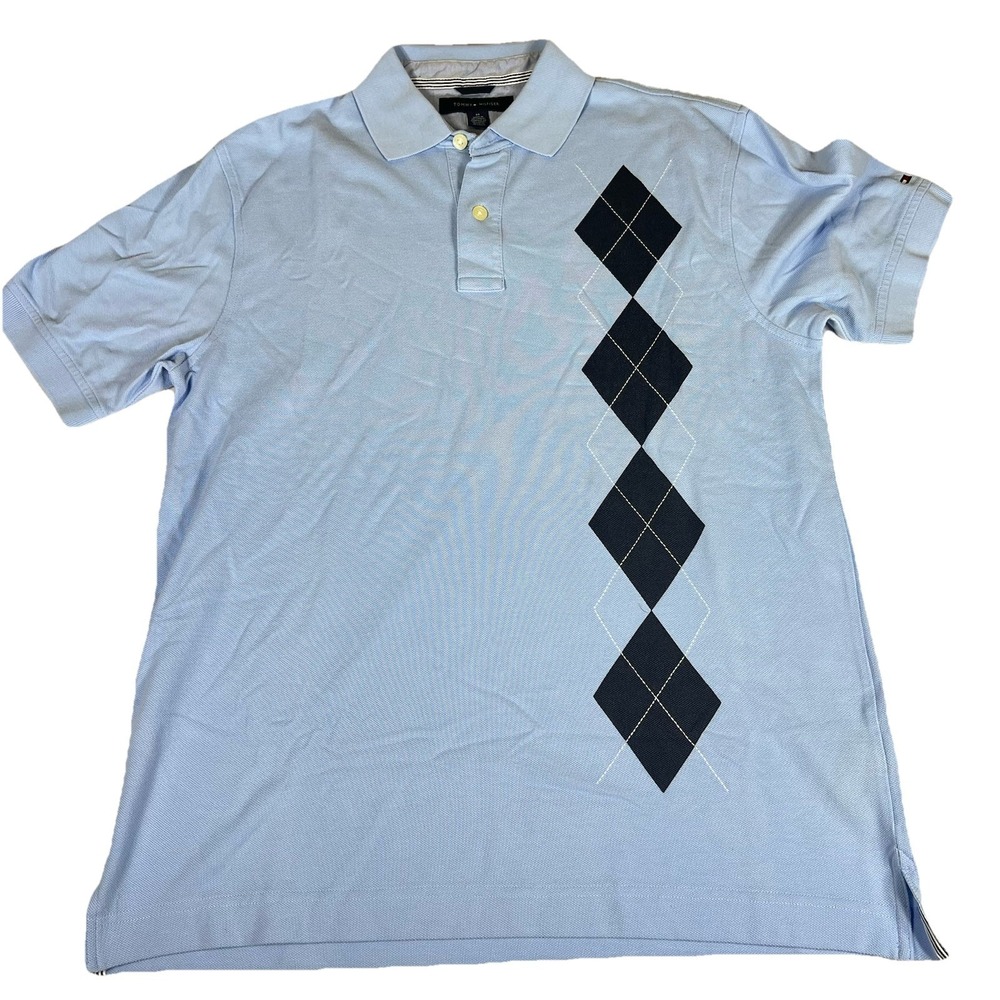 Tommy Hilfiger Mens Polo Shirt Medium Blue Argyle Short Sleeve NWT Golf